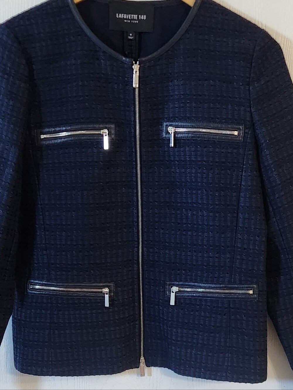Lafayette 148 New York Navy Tweed Zip-Detail Jacket - Picture 3 of 10
